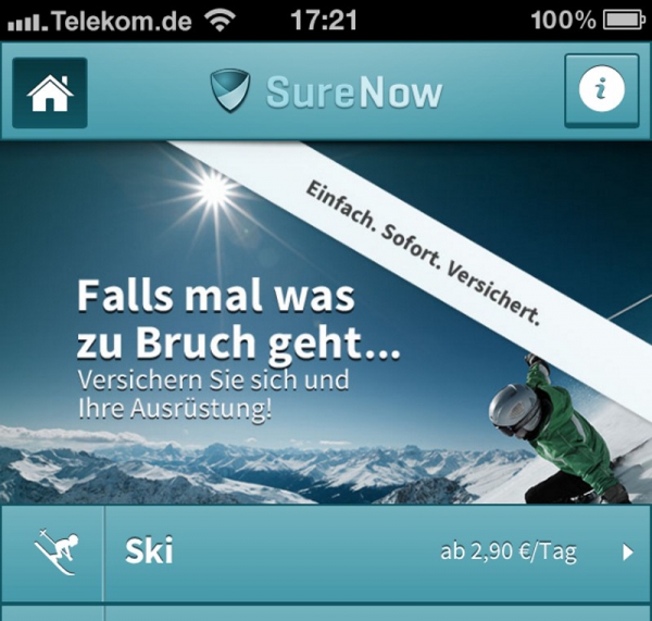 SureNow: Per Smartphone Skiversicherung buchen